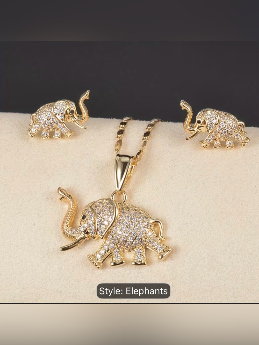 Gold Elephant Pendant Necklace and Stud Earrings Set - Sparkling Crystal Accent